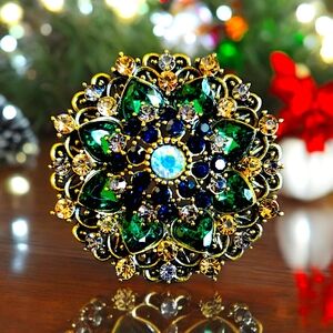 Emerald  Green and Sapphire Rhinestone Dome Brooch